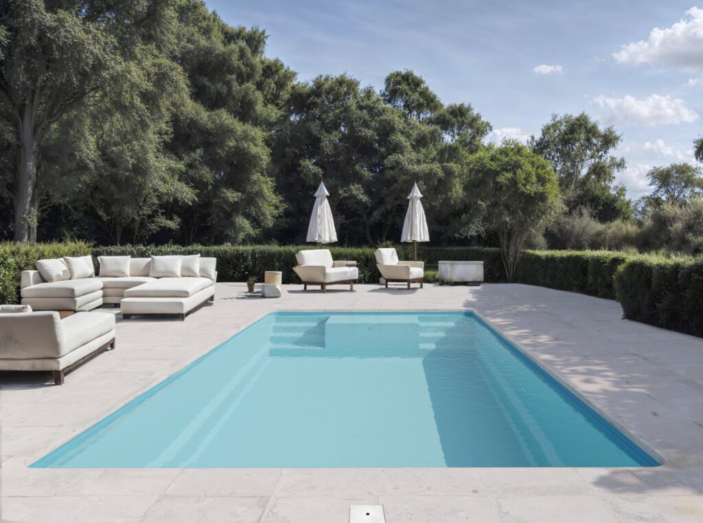 Piscine extérieure avec chaises longues et parasols.